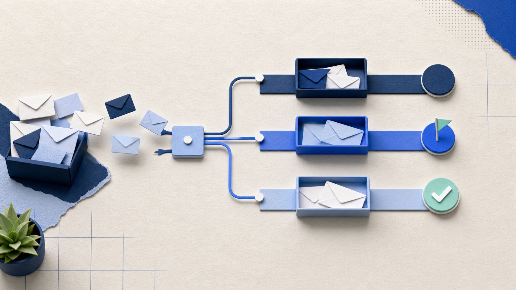 Illustration of email messages being sorted into an organized inbox workflow